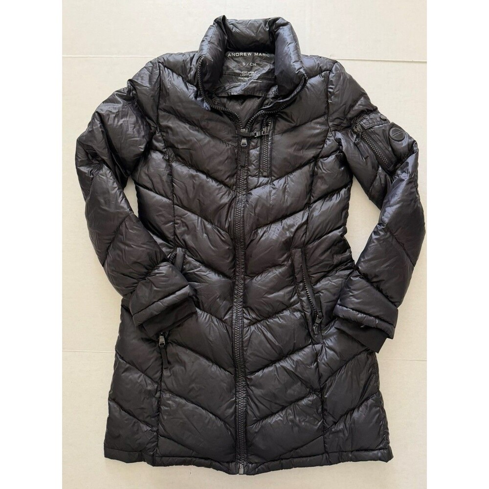 Andrew Marc Women’s S Black Full Zip Packable Lightweight Down Mid-Length Puffer